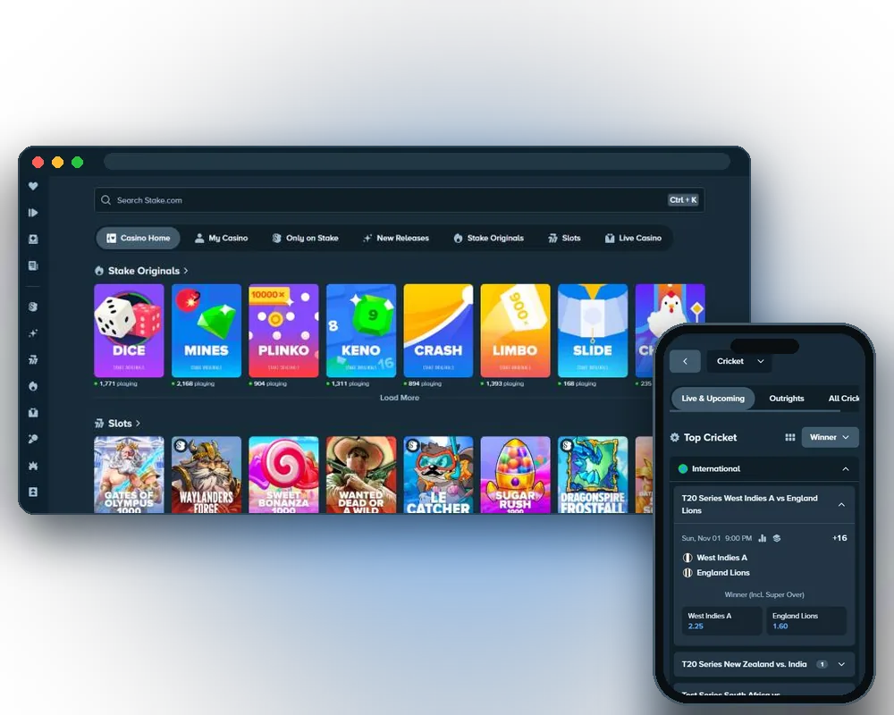 Stake casino lobby on desktop and the cricket list on a phone