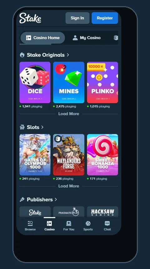Stake casino lobby in a phone browser with the bottom navigation bar